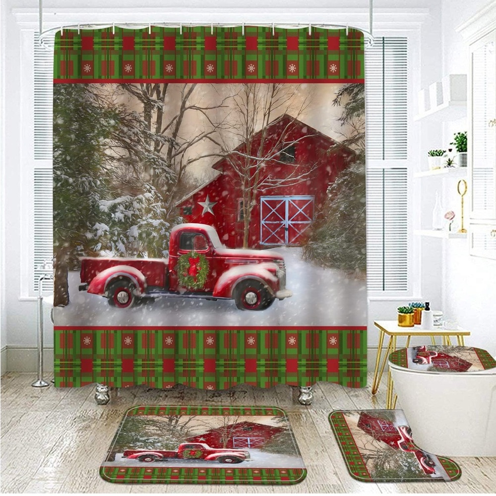 Christmas🌲Shower🚿Curtain Set with Bath🛁Mat (Red House🏡& Truck🛻)